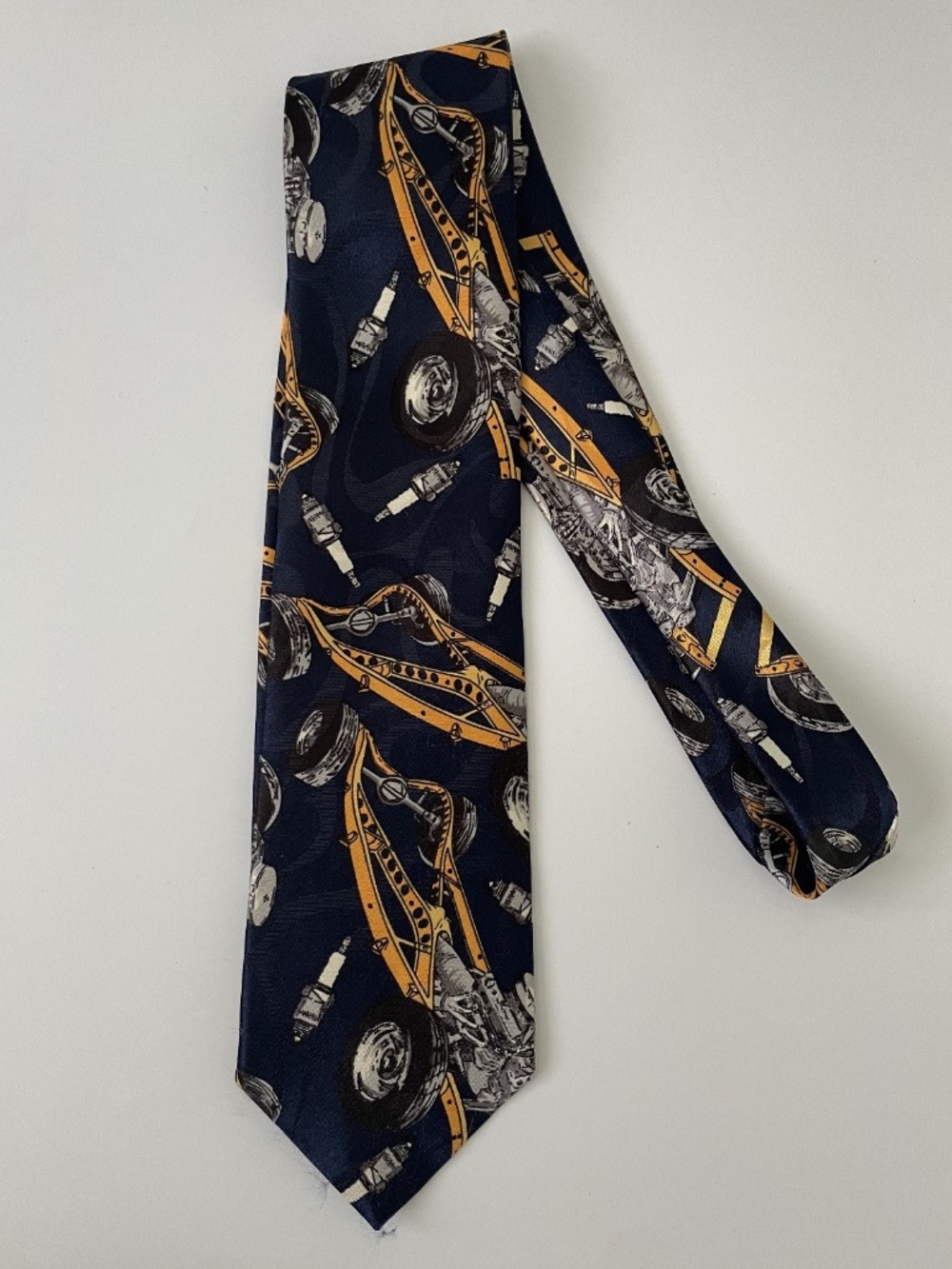 Vintage Home Improvement Mechanic Necktie Navy Yellow Cars Tools Garage 90s
